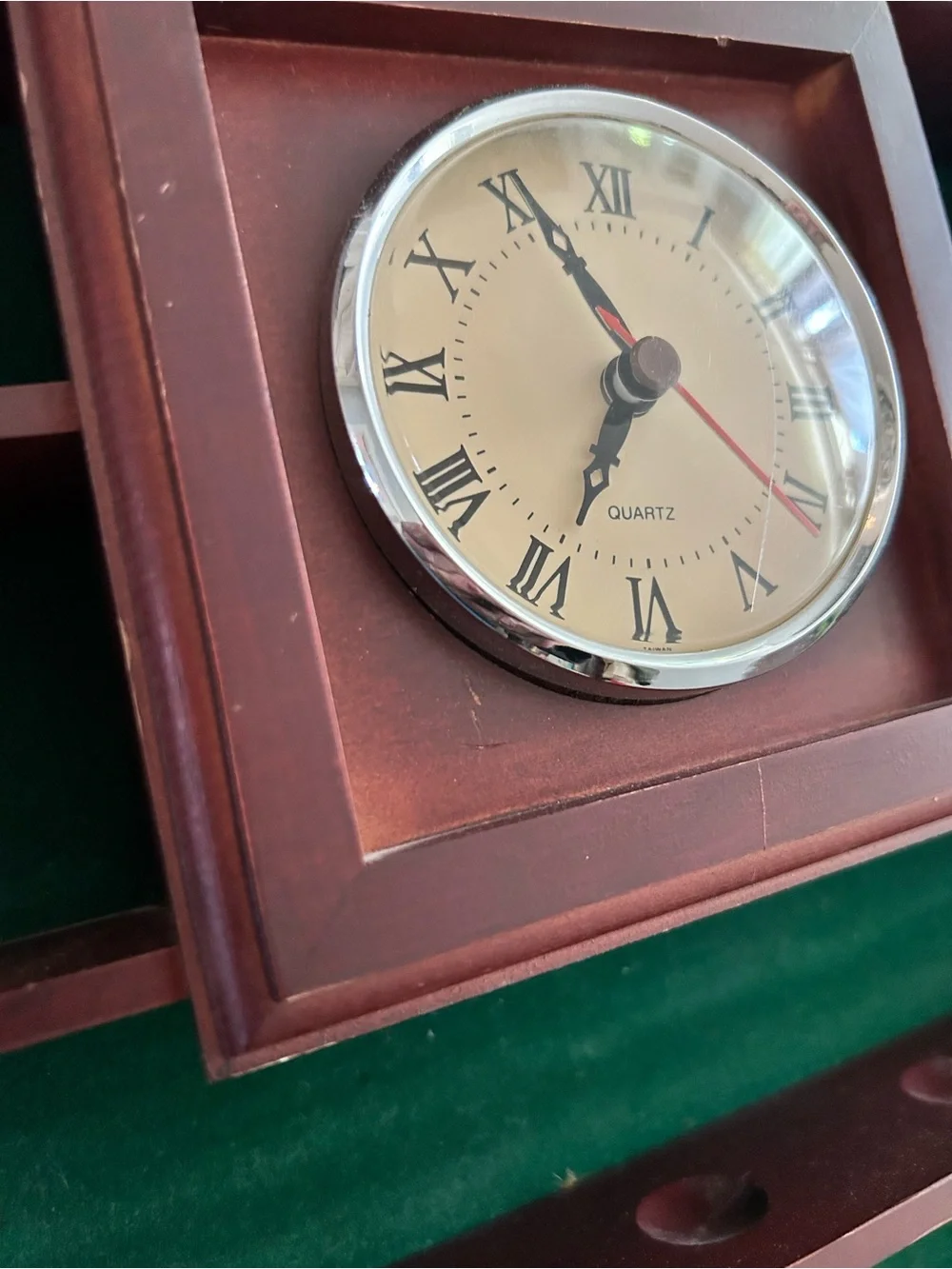 Wooden Golf Ball Display Shelf built in analog quartz clock green velvet trinket